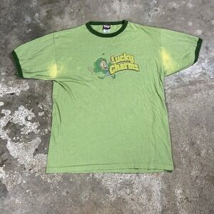 Vintage Lucky Charms T-Shirt Size Large Green Short Sleeve Cereal Graphic